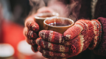 Cozy Christmas market with people enjoying hot mulled wine.の写真素材