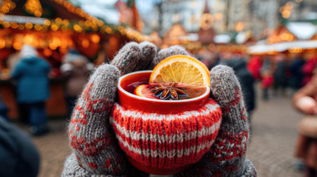 Warm mulled wine served at festive Christmas market evening.の写真素材