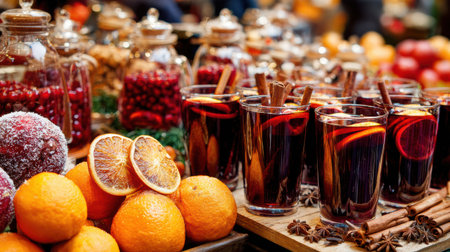 Glowing Christmas market with festive lights and hot mulled wine.の写真素材