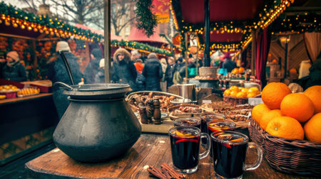 Glowing Christmas market with festive lights and hot mulled wine.の写真素材