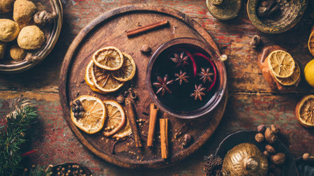 Street vendor pours mulled wine at busy Christmas market night.の写真素材
