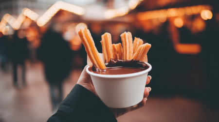 Christmas market food stands glowing at night filled with festive visitors.の素材