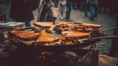 Christmas market food stands glowing at night filled with festive visitors.の素材