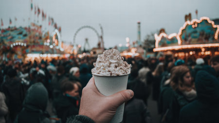 Holiday street market filled with warm food stalls and bright decorations.の素材