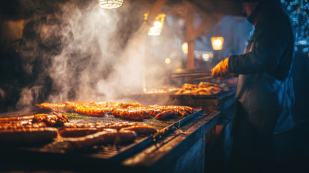 Winter evening street market full of lights food smells and festive people.の素材