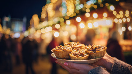Street food vendors at a festive Christmas market with lights and winter joy.の素材