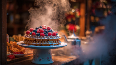 Holiday street market filled with warm food stalls and bright decorations.の素材