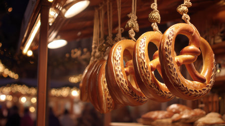 Street food vendors at a festive Christmas market with lights and winter joy.の素材