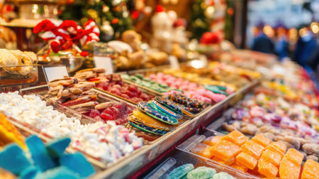 Street food vendors at a festive Christmas market with lights and winter joy.の素材