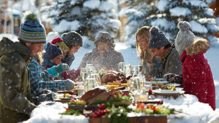 Christmas market food stands glowing at night filled with festive visitors.の素材