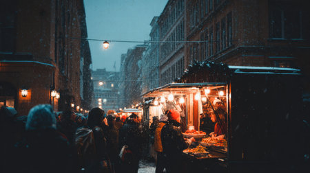 Holiday street market filled with warm food stalls and bright decorations.の素材