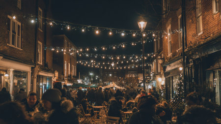 Holiday street market filled with warm food stalls and bright decorations.の素材