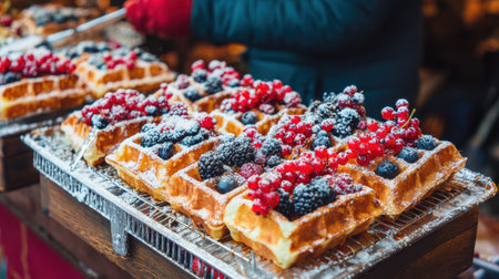Holiday street market filled with warm food stalls and bright decorations.の素材