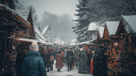 Holiday street market filled with warm food stalls and bright decorations.の素材
