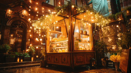 Christmas market food stands glowing at night filled with festive visitors.の素材