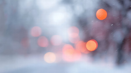 Blurred winter wonderland background with sparkling snow and glowing lights.の素材