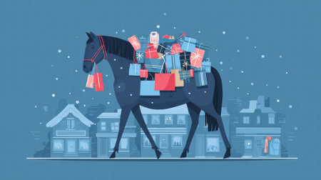 Funny cartoon horse overloaded with festive presents during Christmas celebration.の素材
