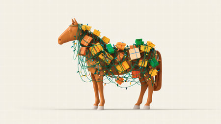 Funny tired horse carrying heavy shopping bags in busy Christmas market scene..の写真素材