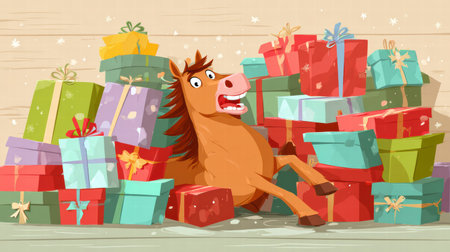 Funny festive horse exhausted after carrying too many holiday shopping gifts.の素材