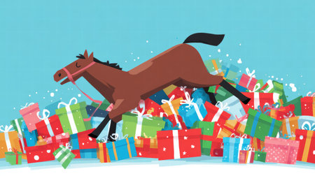 Funny festive horse exhausted after carrying too many holiday shopping gifts.の素材