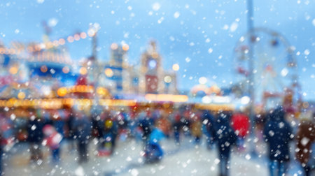 Blurred festive winter wonderland with glowing Christmas lights and magic mood.の素材