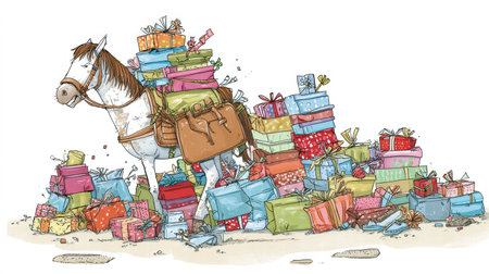 Exhausted funny horse with arms full of colorful presents after Christmas shopping..の写真素材