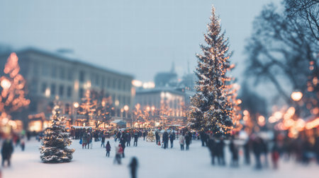 Festive blurred winter wonderland background with bright New Year celebration.の素材