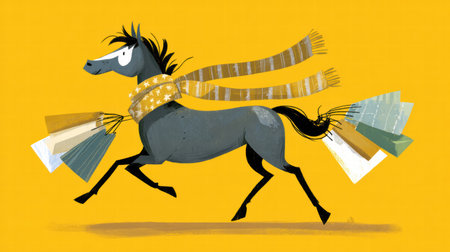 Funny tired horse carrying many Christmas gifts during holiday shopping rush.の写真素材