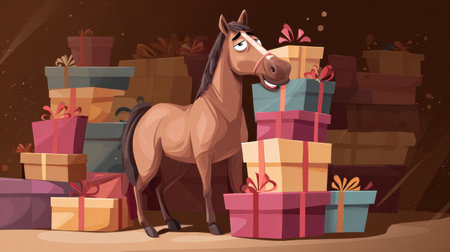 Exhausted funny horse with arms full of colorful presents after Christmas shopping..の写真素材