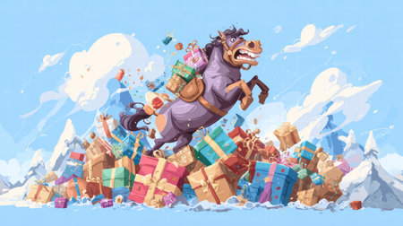 Funny tired horse overloaded with colorful gifts surrounded by festive chaos.の写真素材