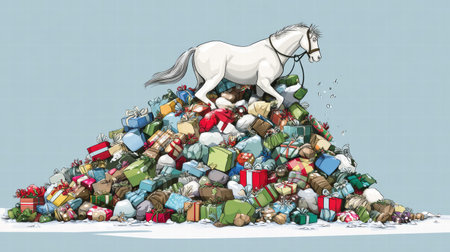 Funny tired horse carrying many Christmas gifts during holiday shopping rush.の写真素材