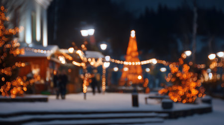 Festive blurred winter wonderland background with bright New Year celebration.の素材