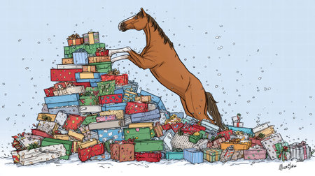 Funny tired horse overloaded with colorful gifts surrounded by festive chaos.の写真素材
