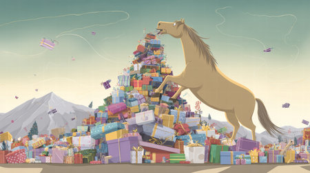 Funny tired horse overloaded with colorful gifts surrounded by festive chaos.の写真素材