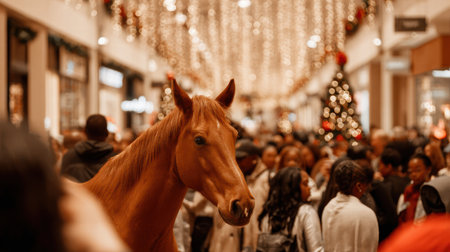 Funny festive horse exhausted after carrying too many holiday shopping gifts.の素材