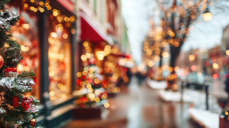 Blurred festive background of winter wonderland with market lights and snow.の素材