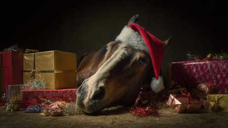 Funny festive horse exhausted after carrying too many holiday shopping gifts.の素材