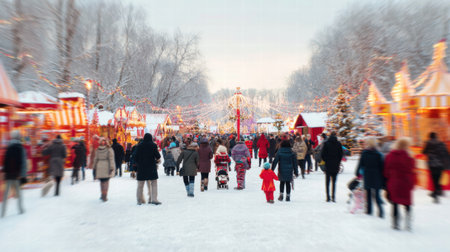 Festive blurred winter wonderland background with bright New Year celebration.の素材