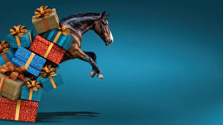 Funny tired horse carrying heavy shopping bags in busy Christmas market scene..の写真素材