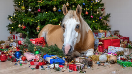 Funny tired horse carrying many Christmas gifts during holiday shopping rush.の写真素材