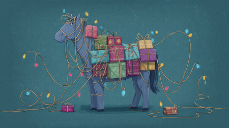 Funny tired horse carrying heavy shopping bags in busy Christmas market scene..の写真素材