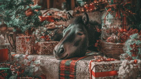 Comical illustration of a tired horse overloaded with holiday shopping gifts.の写真素材
