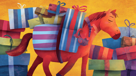 Exhausted funny horse with arms full of colorful presents after Christmas shopping..の写真素材