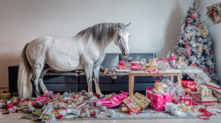 Funny tired horse carrying many Christmas gifts during holiday shopping rush.の写真素材