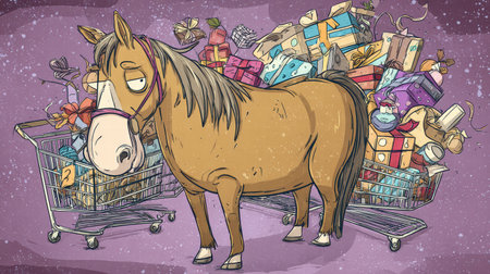 Funny tired horse carrying many Christmas gifts during holiday shopping rush.の写真素材