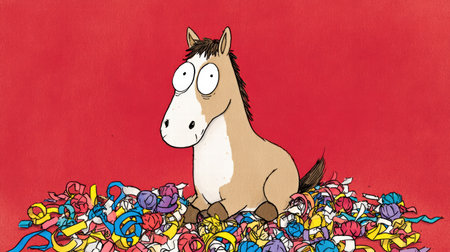 Funny tired horse overloaded with colorful gifts surrounded by festive chaos.の写真素材