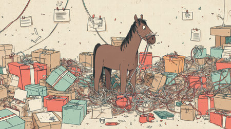 Exhausted funny horse with arms full of colorful presents after Christmas shopping..の写真素材