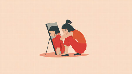 self reflection and awareness concept showing human overthinking emotions.の素材