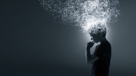 self reflection and awareness concept showing human overthinking emotions.の素材