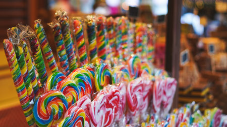 Traditional handmade candies and cookies shining on Christmas market sweet stall.の写真素材